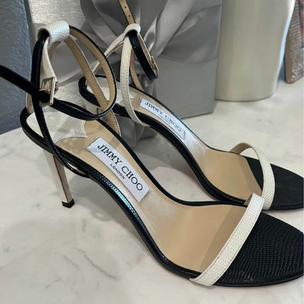 Jimmy choo Minny Lizard print black and white leather sandals heels Size 39(9) - Picture 4 of 10